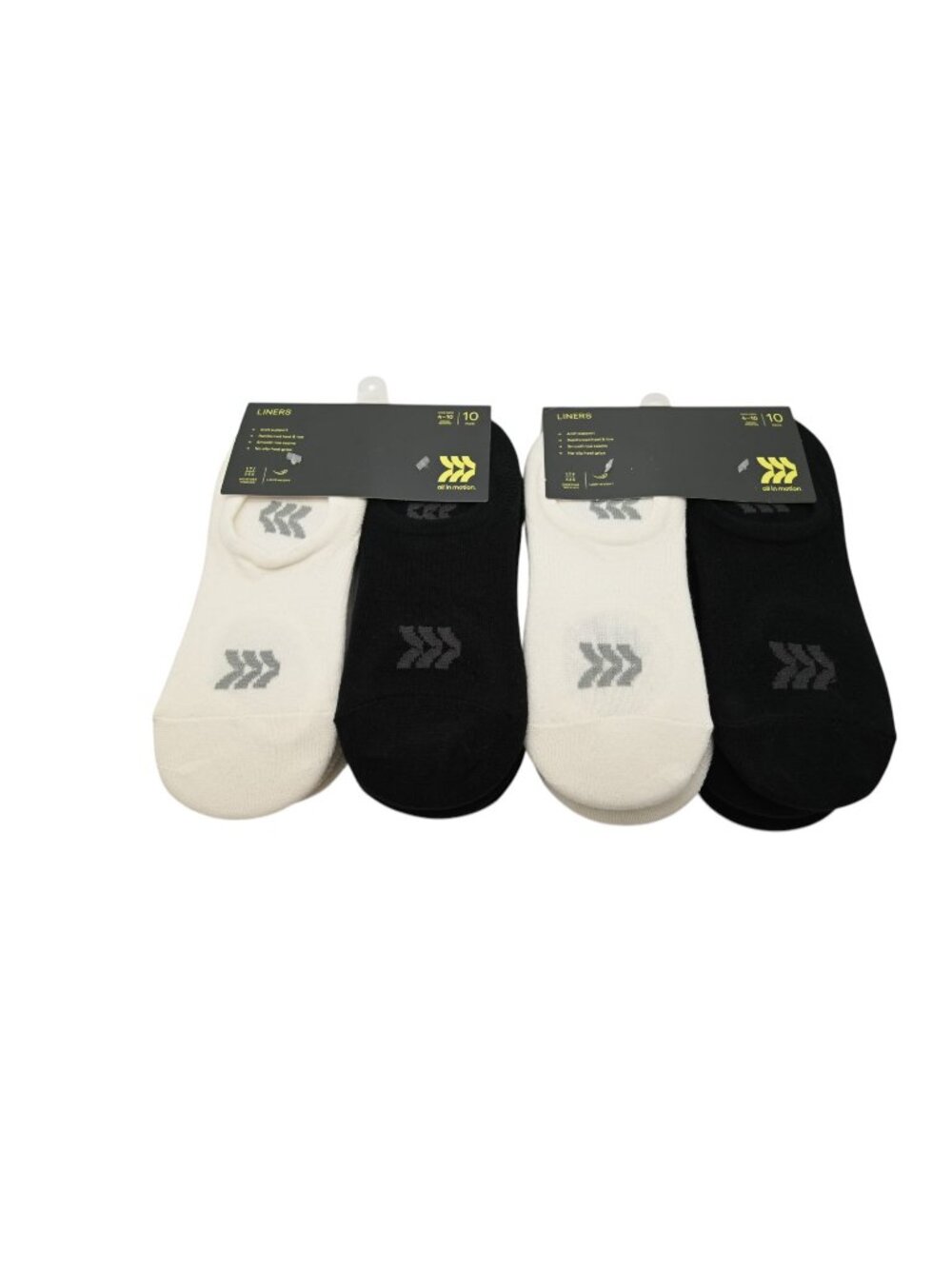 NIP All In Motion Lot of 2 Sock Liners Sz 4-10 Black White 10 Pair Each Athletic
